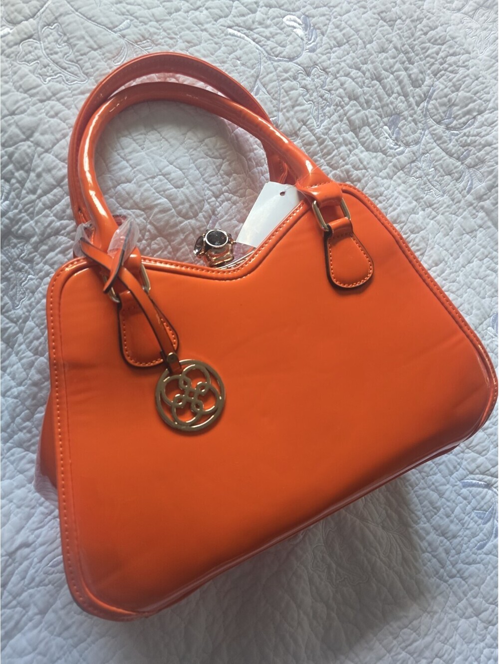Women's Orange Patent Leather Kiss Lock Satchel Handbag Top Handle Purse New